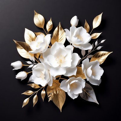 White flowers with gold leaves on black background
