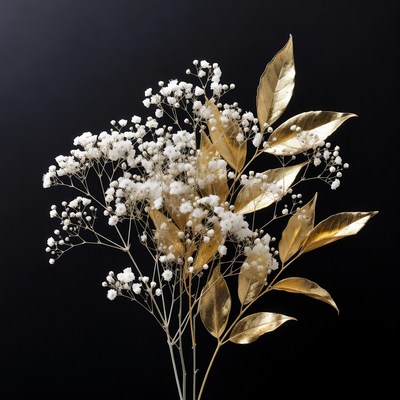 White flowers and gold leaves arrangement