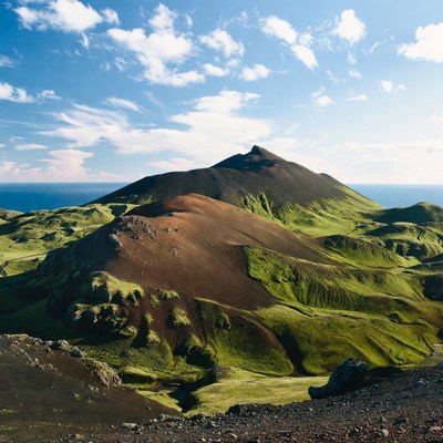 Green hills and volcanic landscape in daylight