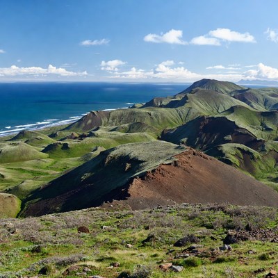 Green hills and ocean view at midday