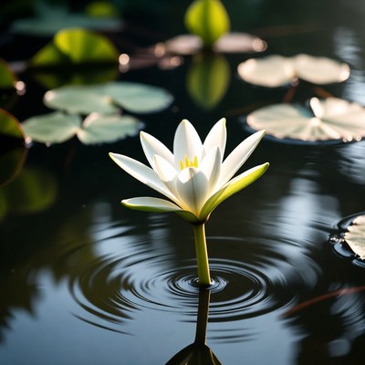 Water lily blooms on calm water surface