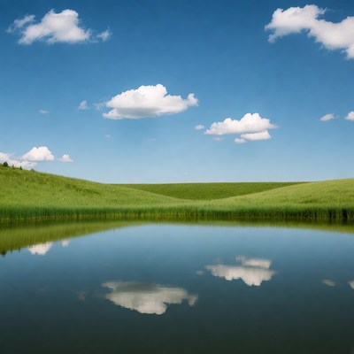 Cloud reflections on calm water in a field