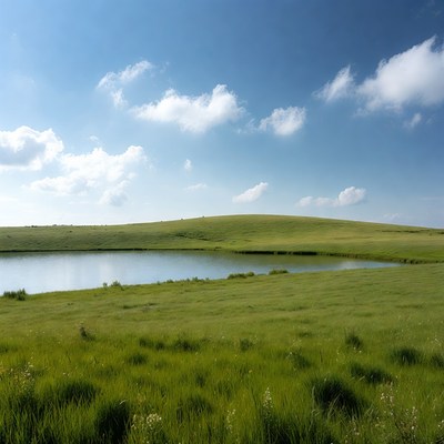 Green landscape with lake and sky