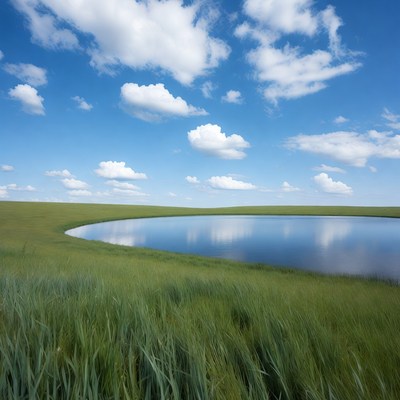Grass and water under a blue sky