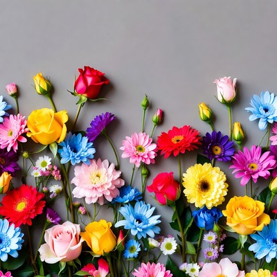 Colorful flowers arranged on gray background