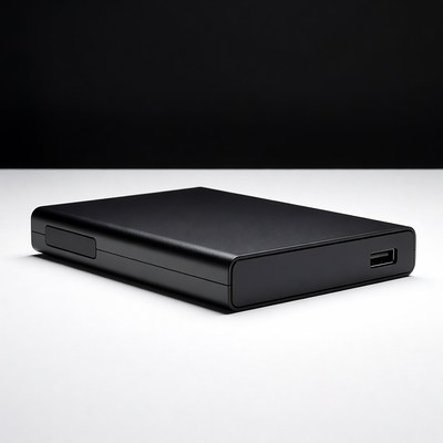 Small black external storage device on table