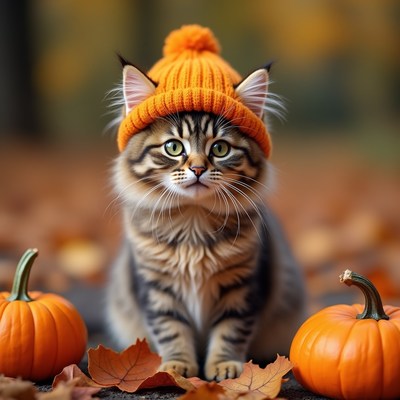 Cute cat with pumpkin decorations