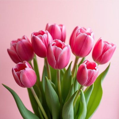 Pink tulips bouquet on light backdrop