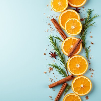 Oranges and spices on blue surface