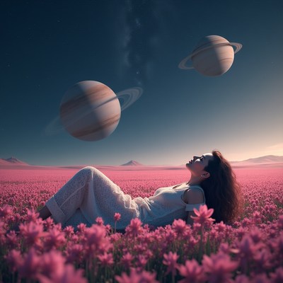 Woman lying in pink flowers under planets