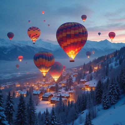 Hot air balloons over winter village