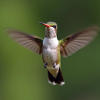 Hummingbird hovering in green background