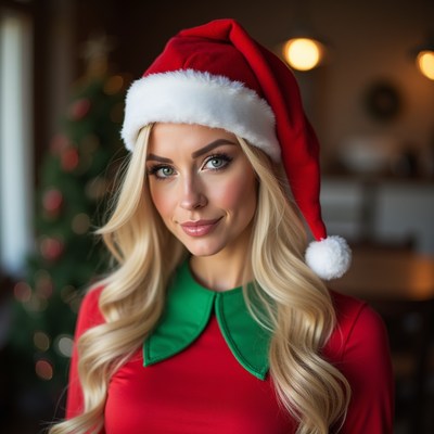 Woman in christmas attire poses indoors