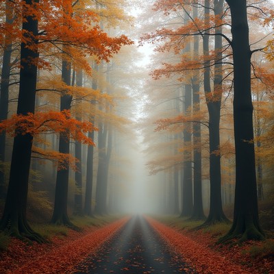 Autumn road through foggy forest