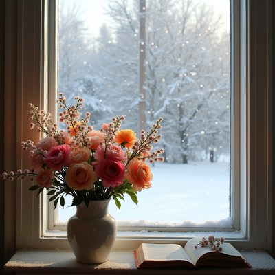 Flowers and book by winter window