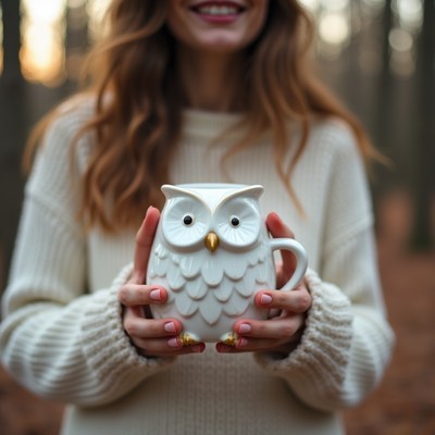 Holding a mug in the woods