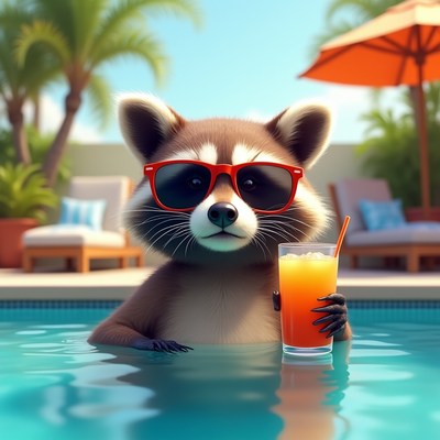 Raccoon in sunglasses by the pool