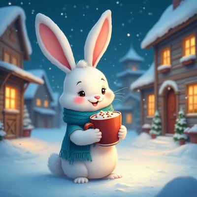 Rabbit enjoys a warm drink in winter