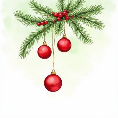 Red ornaments hanging from pine branch