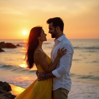 Couple enjoys sunset by the beach