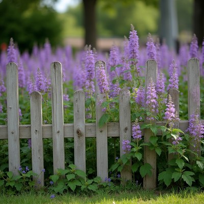 Garden fence with purple flowers growing
