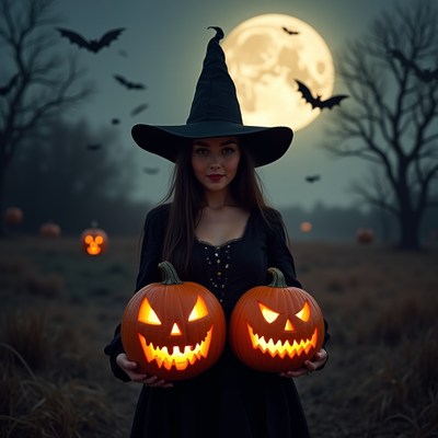 Witches with pumpkins at night