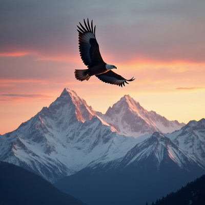 Eagle flying over snowy mountains at sunset