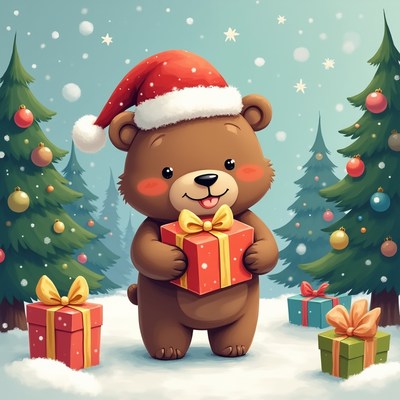 Bear with gifts in snowy scene