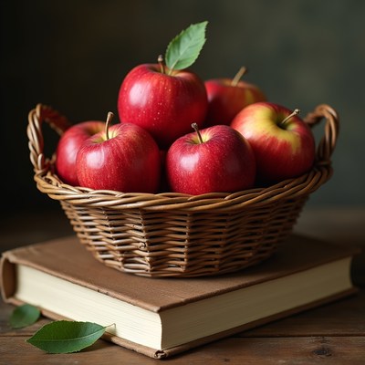 Fresh apples in a basket on table