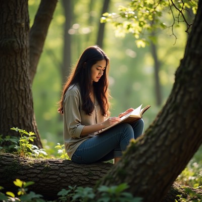 Woman reading book in forest