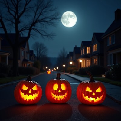 Halloween pumpkins on a moonlit street