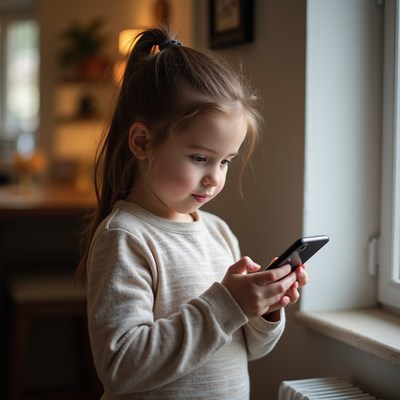 Child using smartphone by window
