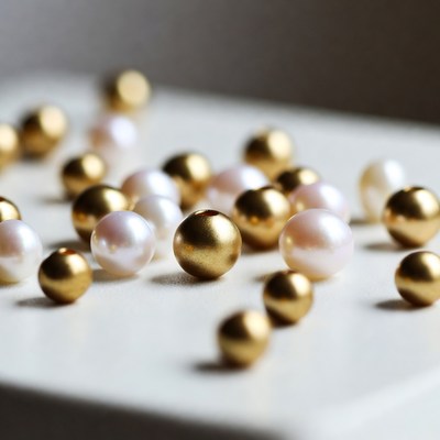 Pearls and gold balls scattered on a surface