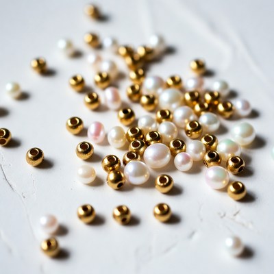Pearls and golden beads on a table