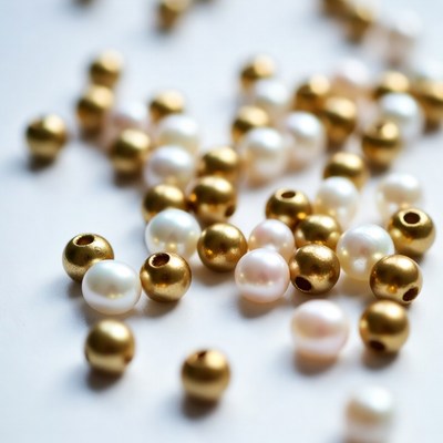 Golden and white beads scattered on surface