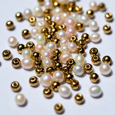 Pearls and beads on white surface