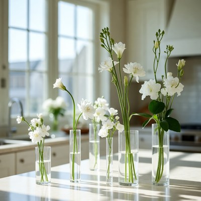 Fresh flowers on kitchen counter