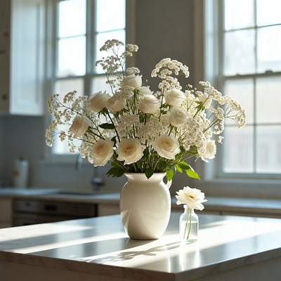 White flowers in kitchen vase