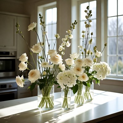White flowers in clear vases on a table