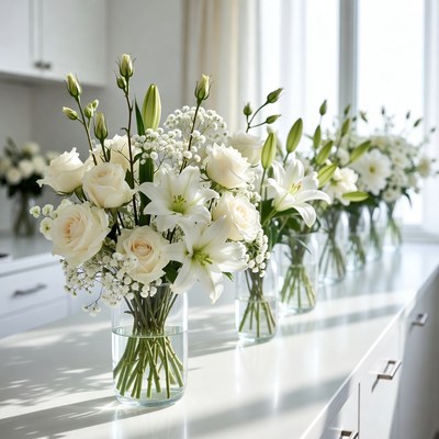 Fresh flowers in simple vases on table