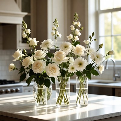 White flowers in clear vases on table