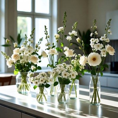 White flowers in vases on kitchen table
