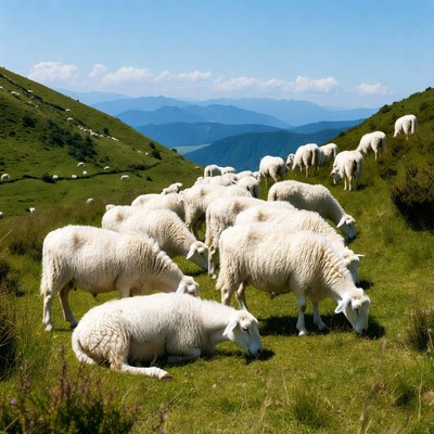 Sheep grazing on green hills in summer