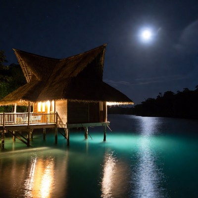 Night view of wooden house on water