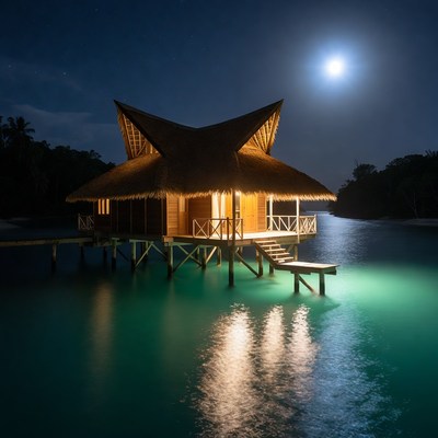 House on water under moonlight