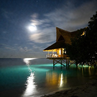 Moonlight on a beach house over water