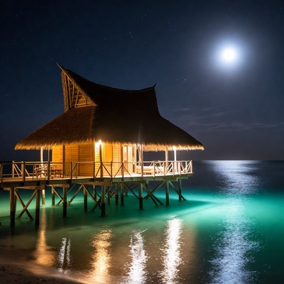 Moonlight over water bungalow