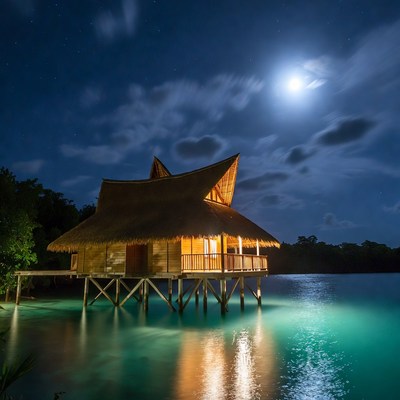 Bamboo house by the water at night