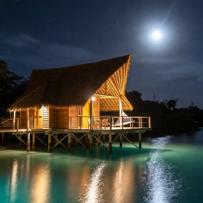 Moonlit cabin by the water
