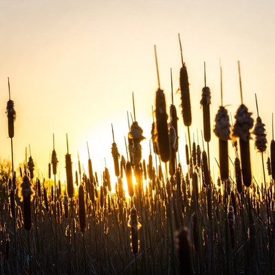Sunset over cattails in field